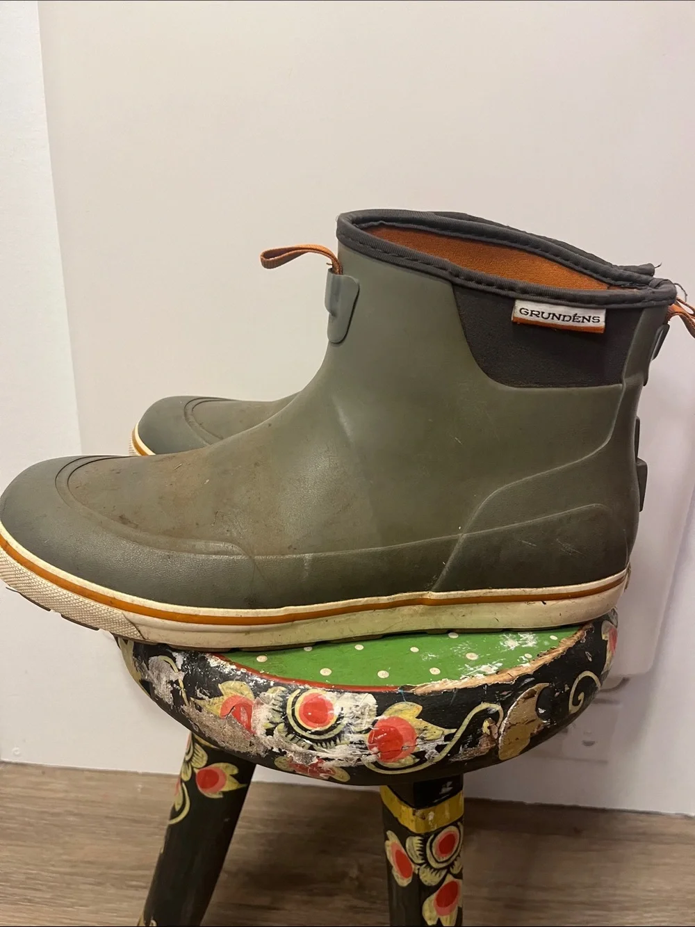Men's Grudens Olive Ankle Rain Boots PNW boat low tide tide pool marsh garden